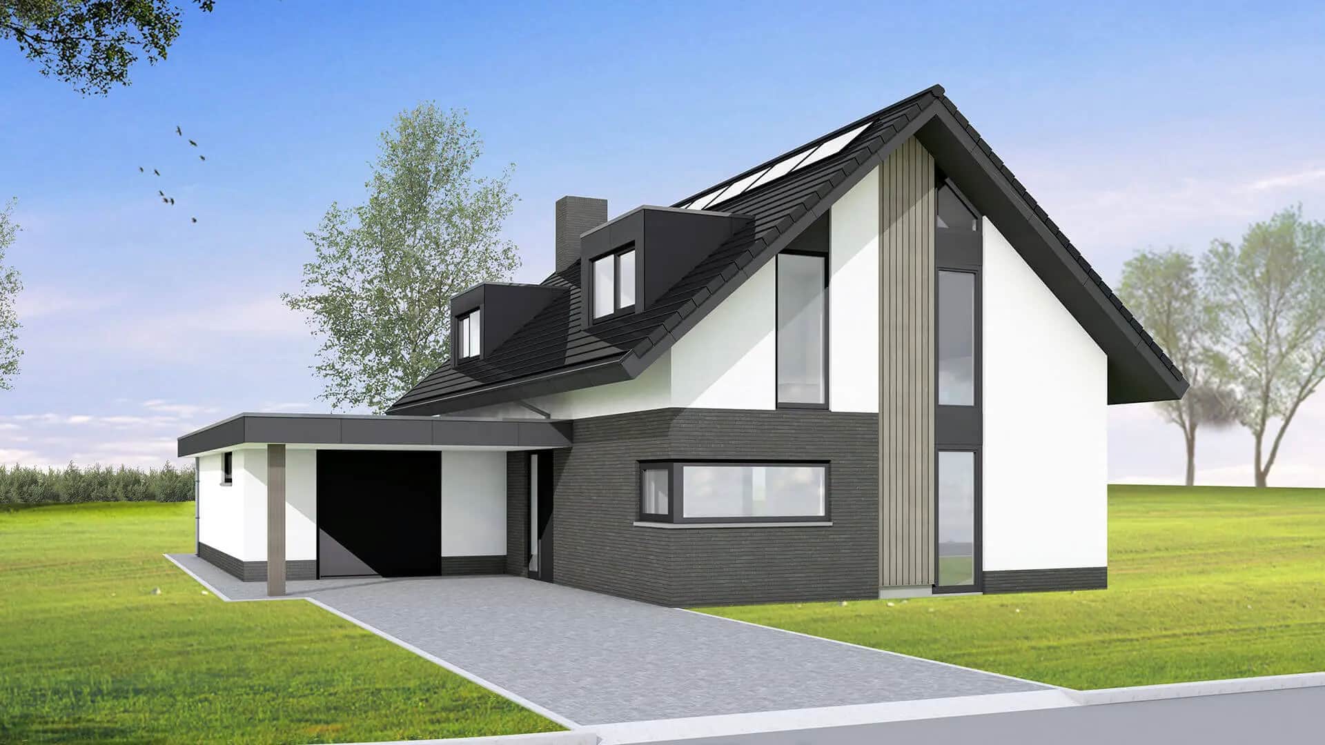 Modern woonhuis in Delfstrahuizen met zwart en wit gevel, dakkapellen en grijze baksteenaccenten, frontaal perspectief
