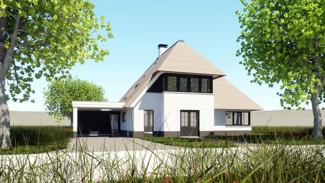 Rietgedekte villa in Meppel met witte gevel, leisteen dak, grote raampartijen en moderne uitbouw, omgeven door groen landschap