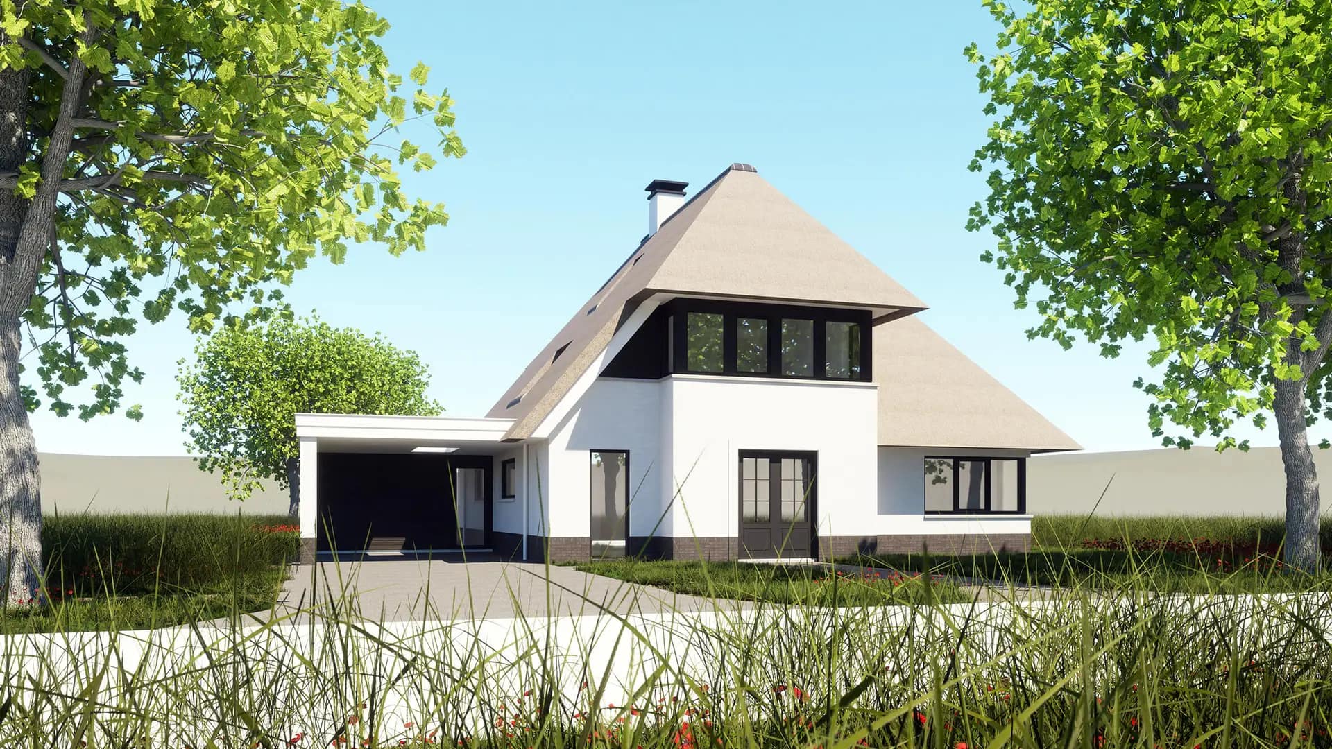 Rietgedekte villa in Meppel met wit keimwerk, zwarte kozijnen, hoekkozijnen en zichtlijnen die binnen en buiten verbinden — een mix van klassiek en modern.