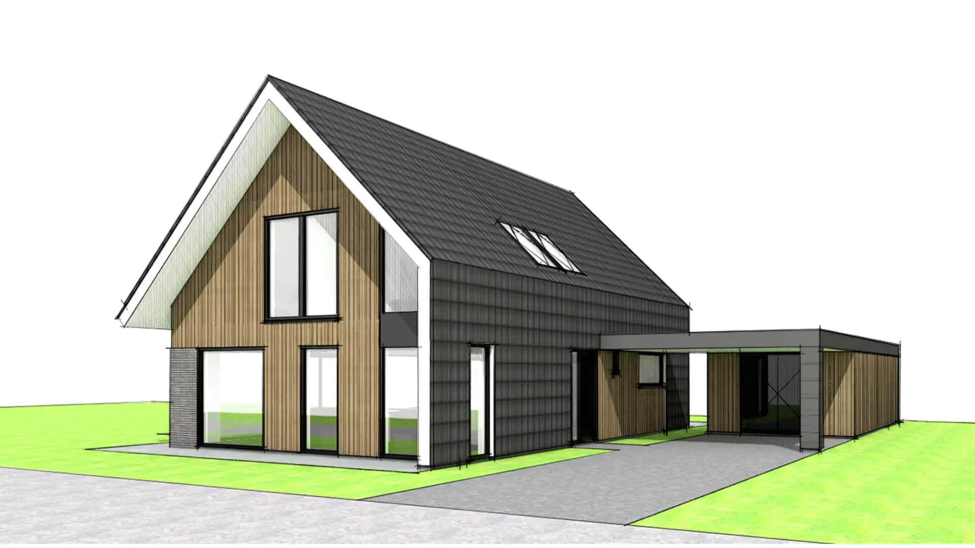 Moderne woning met doorlopende kap in Wolvega, hoekperspectief gevel met houten afwerking, grote ramen, grijze dakpannen en carport