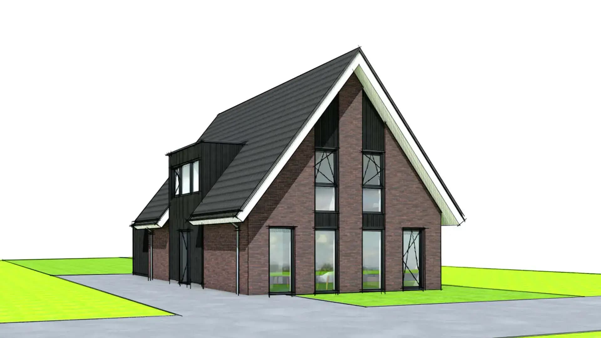 Eigentijds modern woonhuis aan de Heerenveenseweg op een smal kavel met steile kap, verticale raampartijen en gevelbekleding voor maximale ruimtebenutting.