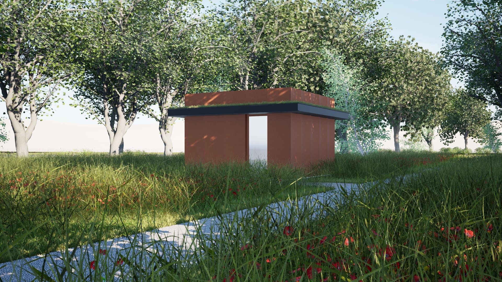 Sanitairgebouw bij Driewegsluis voor gemeente Weststellingwerf: een kubiek volume met gesloten gevels van cortenstaal, ingepast tussen bomen en ruig gras.