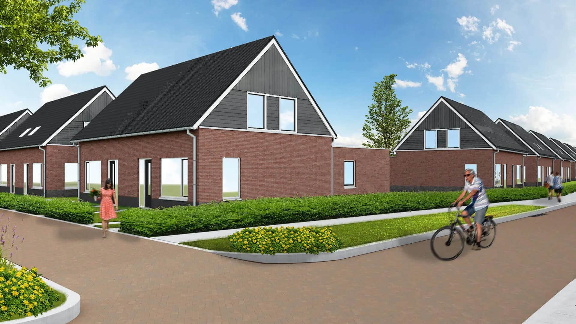 Nieuwbouwproject 20 woningen Noordwolde: Perspectivische render van moderne bakstenen huizen met zwarte daken langs een groen aangelegde straat