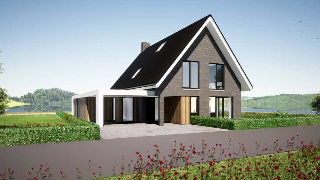 Moderne woning met aanbouw in Wolvega, gevel met bakstenen en houtaccenten, schuine daken, grote ramen, uitkijkend over groene omgeving