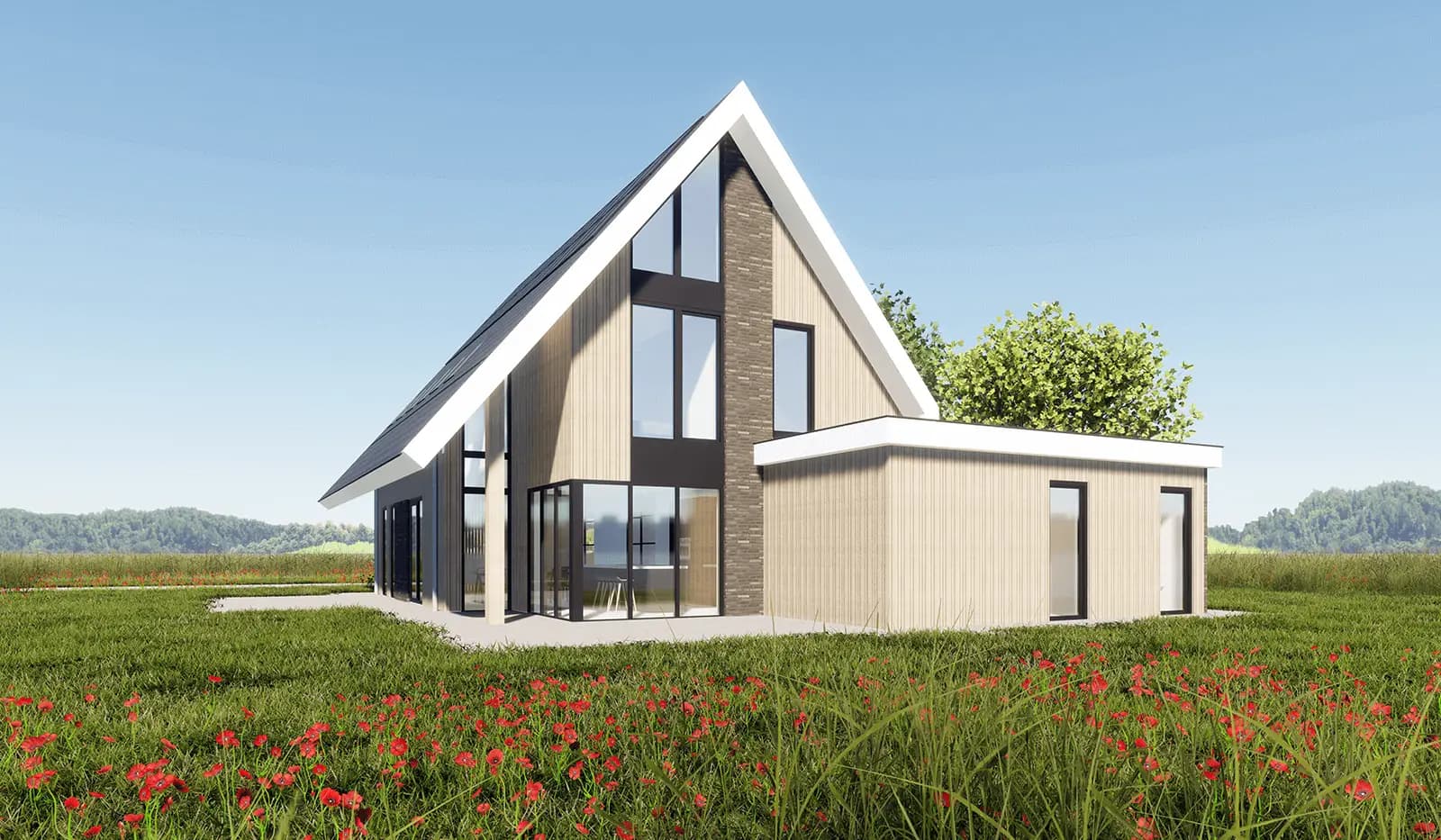 Moderne eigentijdse woning in Wolvega met strakke lijnen langs de kap en een doorlopende vide — een combinatie van dakpannen, hout en metselwerk.