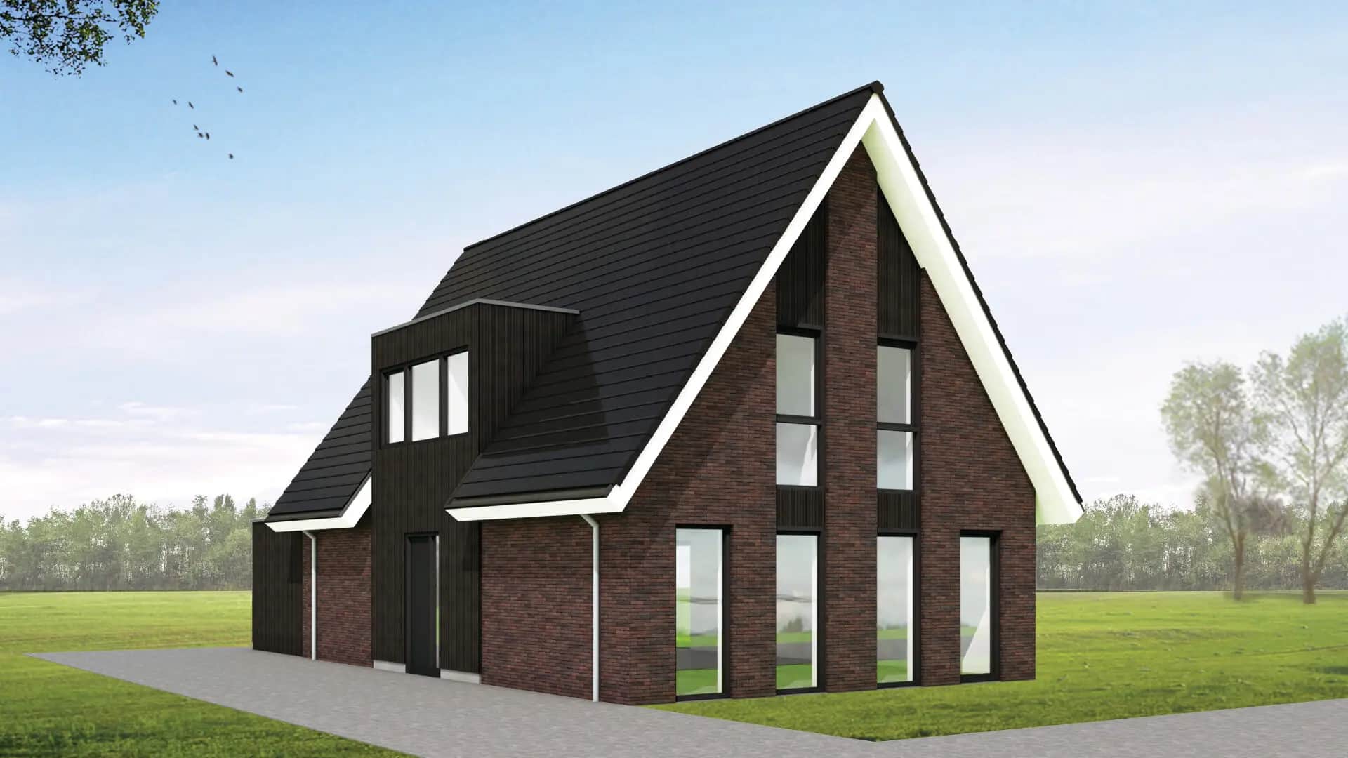 Eigentijds woonhuis in Wolvega met baksteengevel, zwart dak en grote raampartijen, gezien vanaf de voorgevel