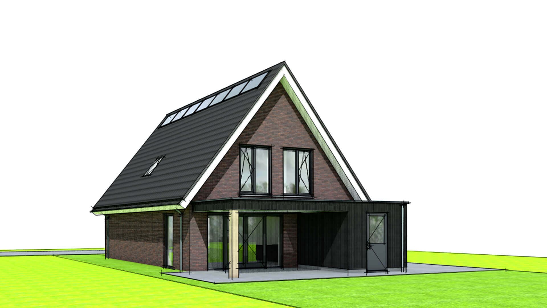 Eigentijds modern woonhuis aan de Heerenveenseweg op een smal kavel met steile kap, verticale raampartijen en gevelbekleding voor maximale ruimtebenutting.