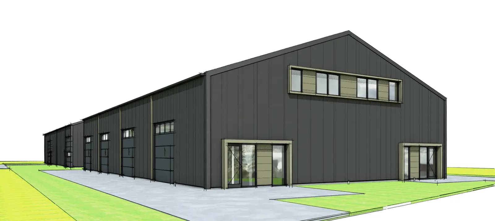 Bedrijfsverzamelgebouw in Steenwijk met donkere sandwichbeplating, bronzen gevelaccenten en betonnen plint.